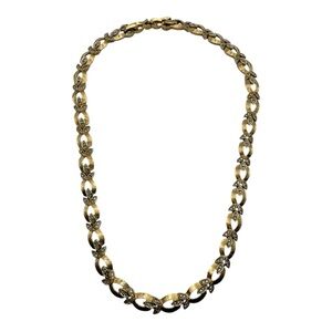 Vintage Gold-Tone Leaf Link Necklace‎ with Rhinestones – Signed “4044”